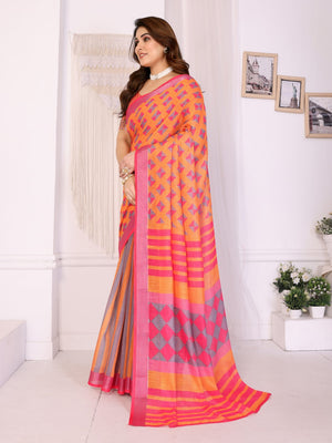 Orange Handloom Linen Cotton Digital Print Saree - Image 2