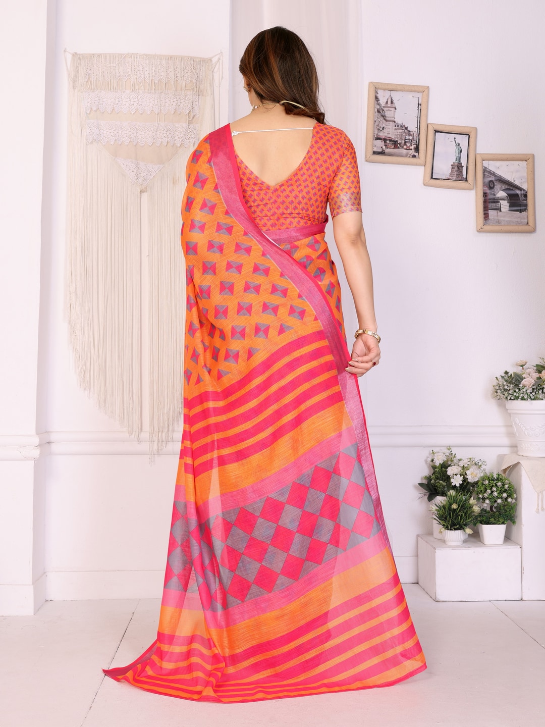 Orange Handloom Linen Cotton Digital Print Saree - Image 3