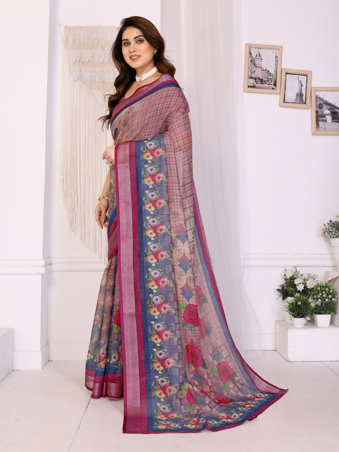 Wine Handloom Linen Cotton Digital Print Saree - Image 2