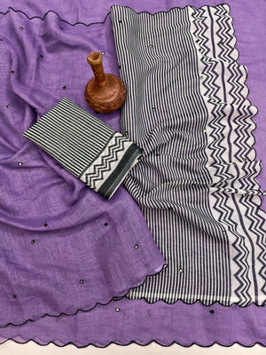 Lavender Soft Linen Cotton Zigzag Mirror Work Saree - Image 2