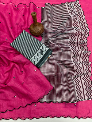 Magenta Soft Linen Cotton Zigzag Mirror Work Saree - Image 2