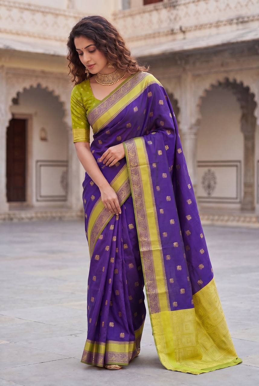 Peachmode Purple Lichi Silk Banarasi Saree - Image 2
