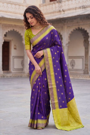 Peachmode Purple Lichi Silk Banarasi Saree - Image 2