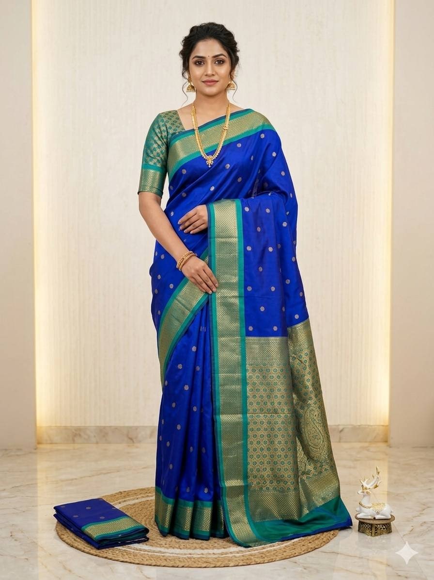 Peachmode Blue Kanjivaram Soft Silk Zari Saree - Image 1