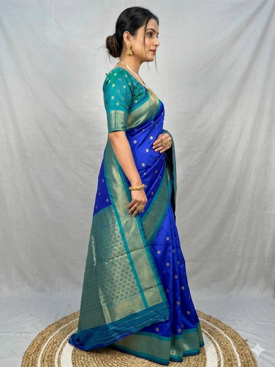 Peachmode Blue Kanjivaram Soft Silk Zari Saree - Image 3