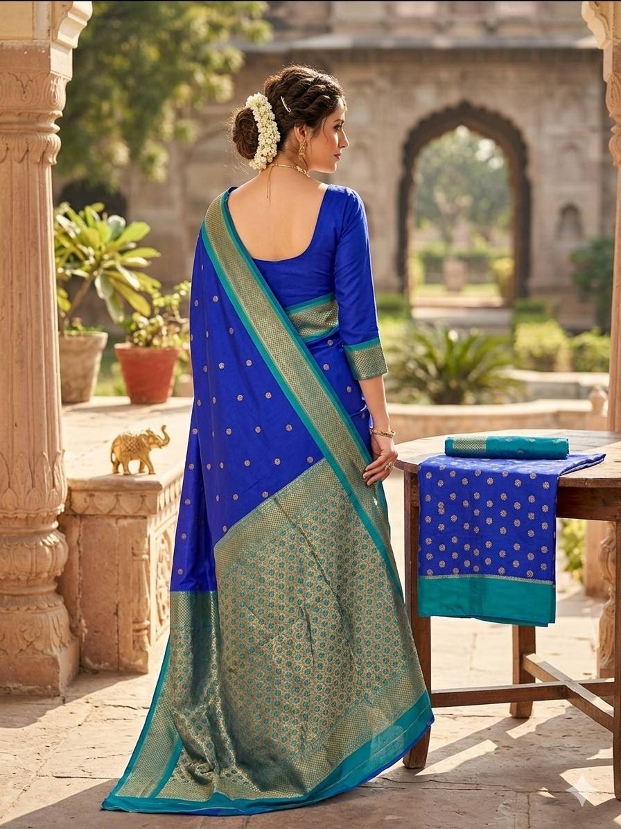 Peachmode Blue Kanjivaram Soft Silk Zari Saree - Image 4
