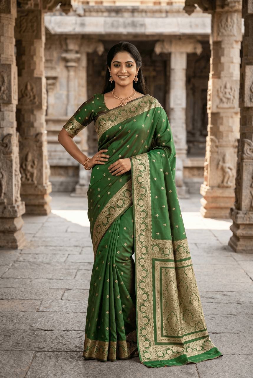 Peachmode Green Banarasi Soft Silk Zari Saree - Image 1