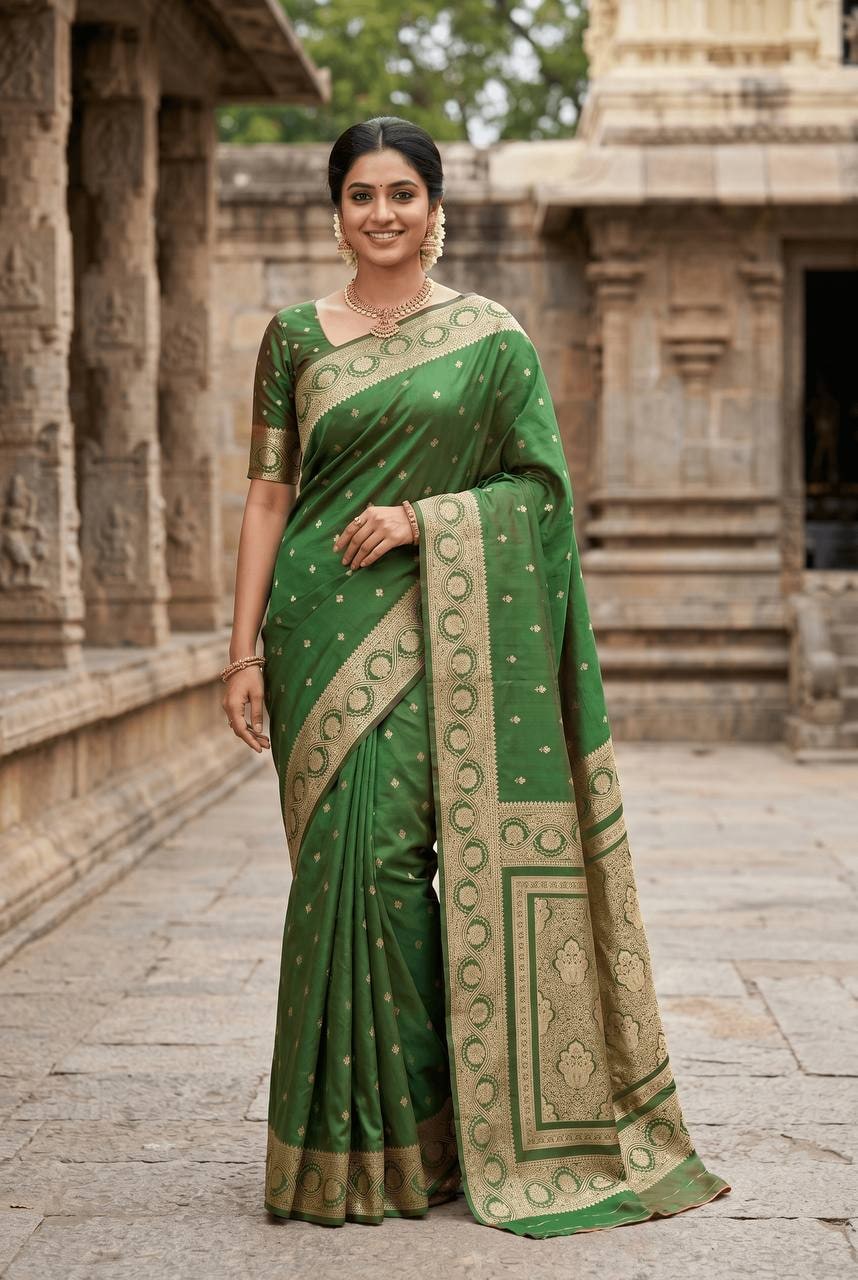 Peachmode Green Banarasi Soft Silk Zari Saree - Image 3