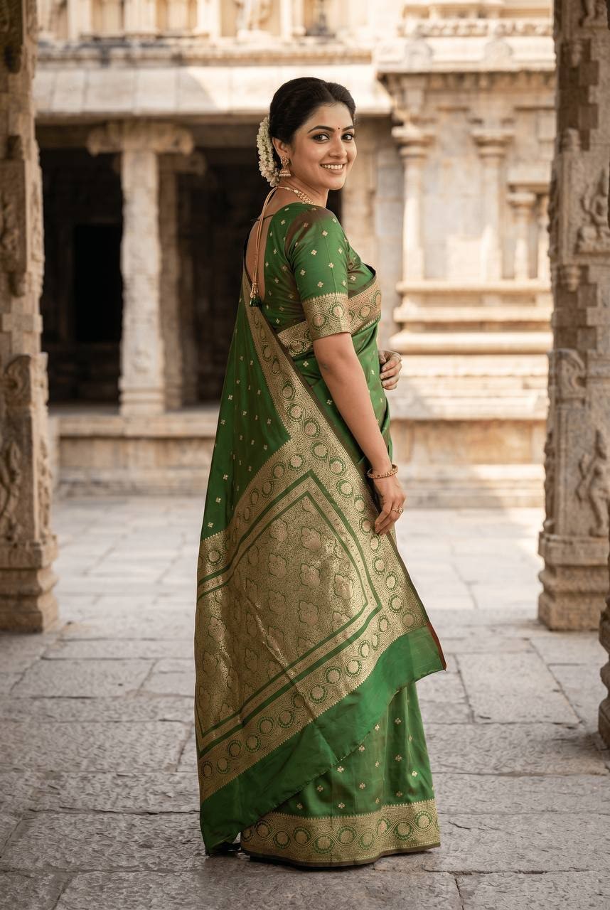 Peachmode Green Banarasi Soft Silk Zari Saree - Image 5
