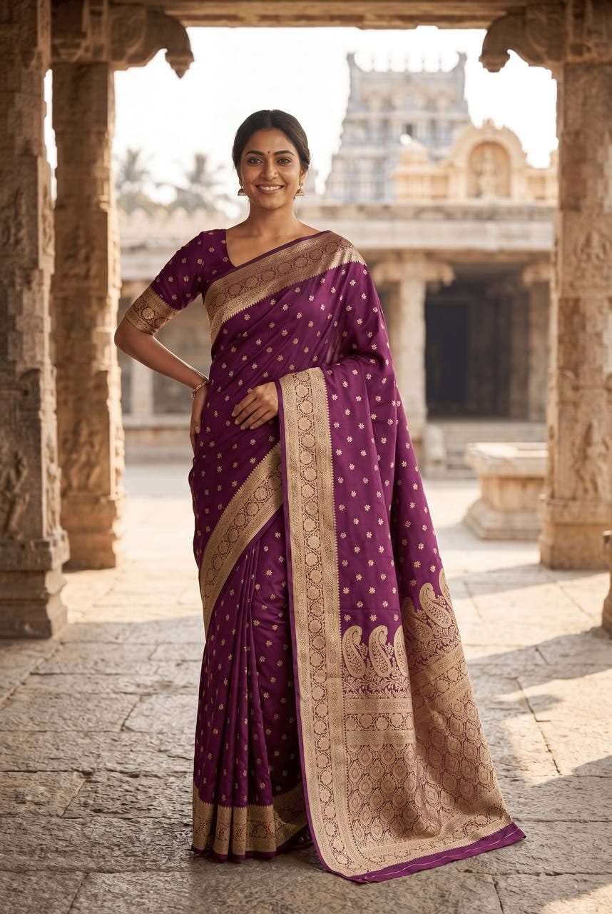 Peachmode Purple Banarasi Soft Silk Zari Saree - Image 3