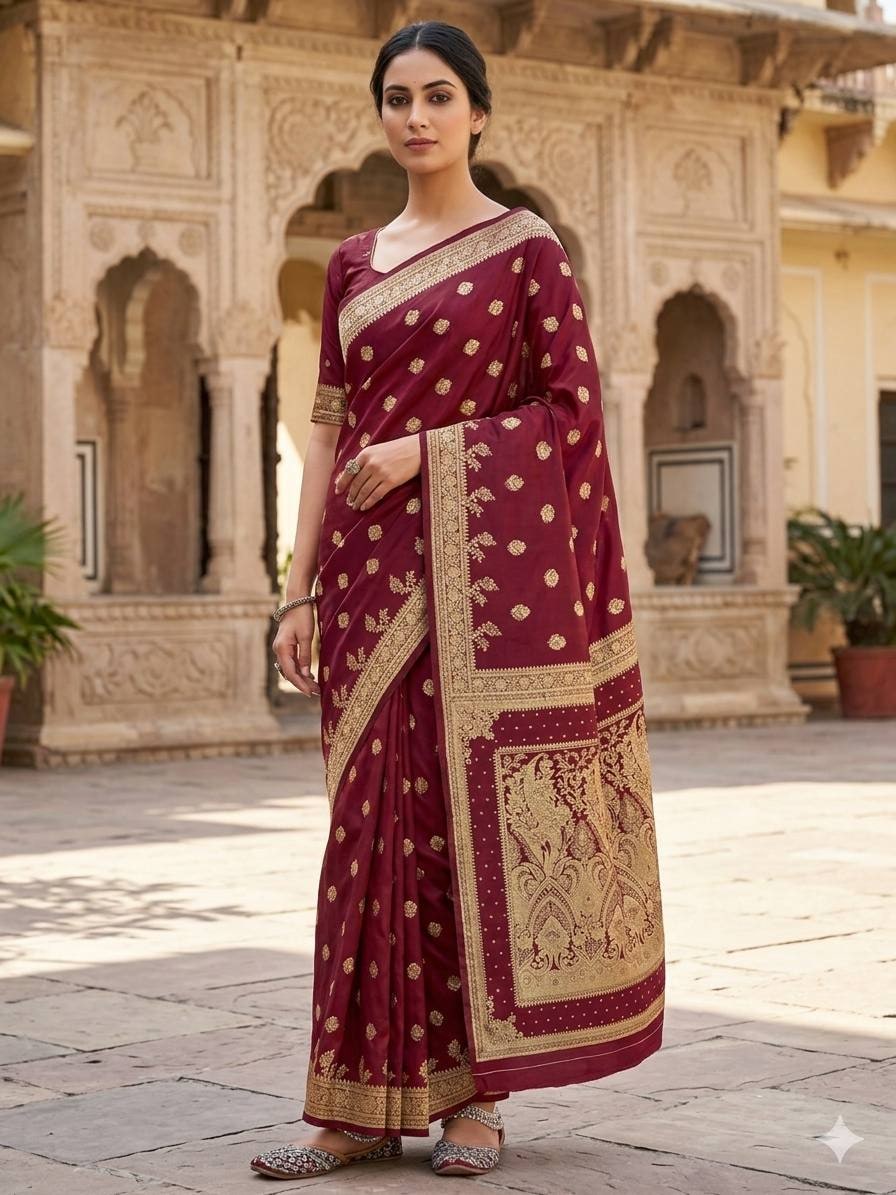 Peachmode Wine Banarasi Silk Zari Saree - Image 1