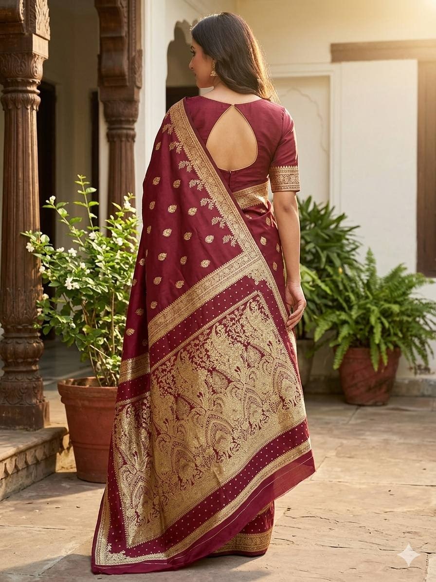 Peachmode Wine Banarasi Silk Zari Saree - Image 16