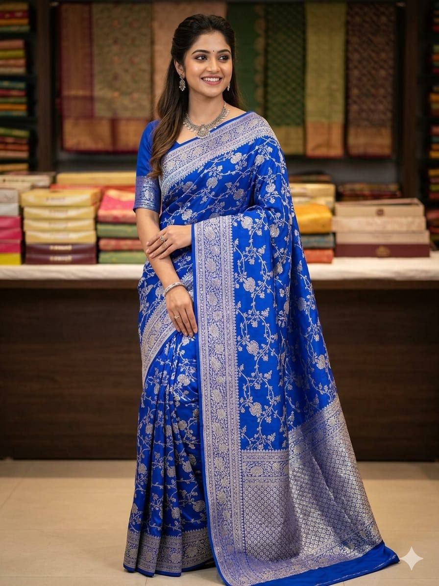 Peachmode Blue Kanjivaram Soft Silk Zari Saree - Image 1