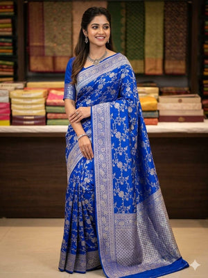 Peachmode Blue Kanjivaram Soft Silk Zari Saree - Image 1