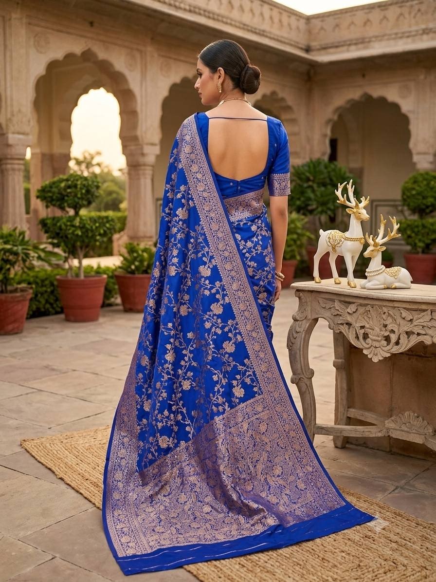 Peachmode Blue Kanjivaram Soft Silk Zari Saree - Image 6