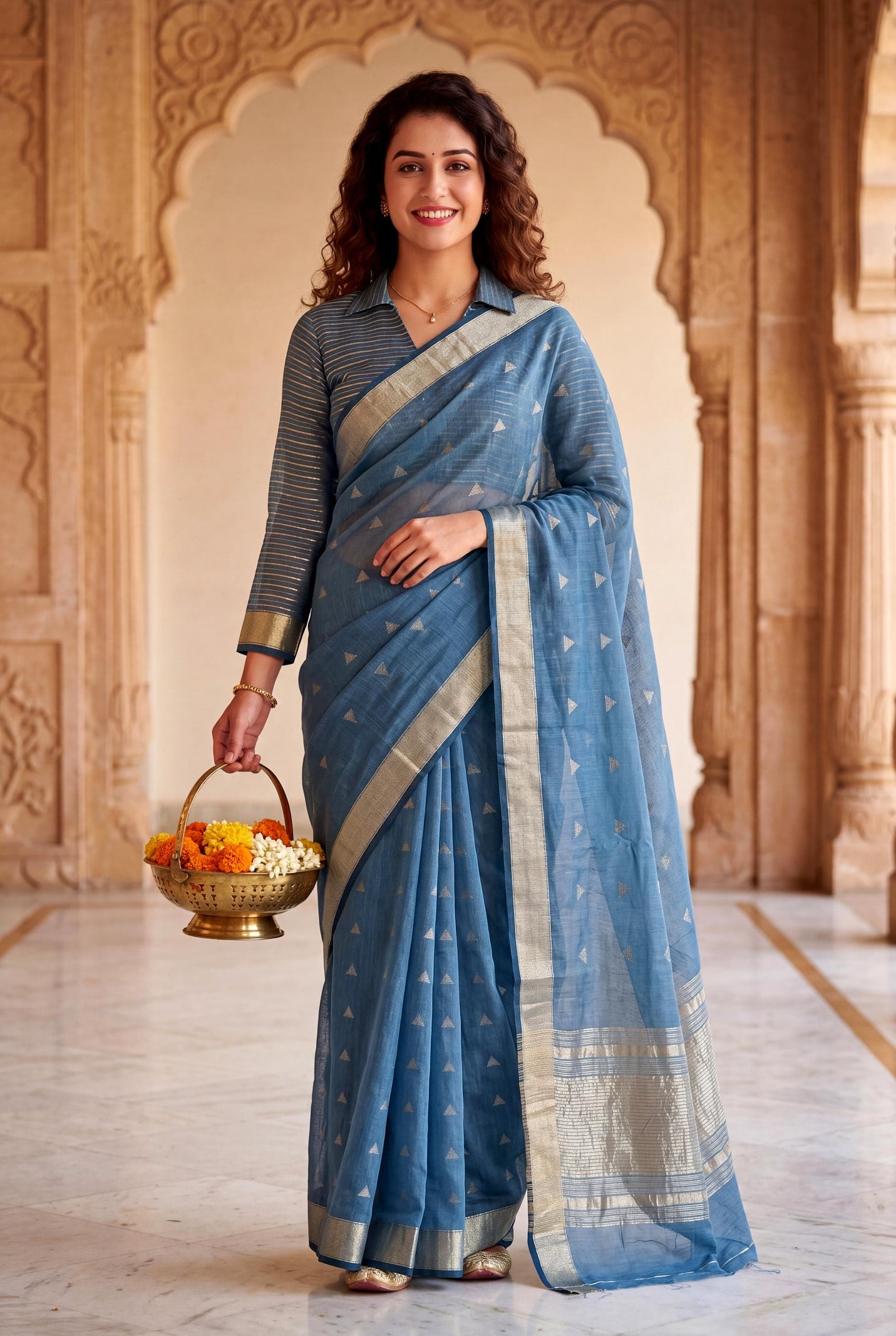 Peachmode Blue Linen Cotton Silk Zari Saree - Image 1