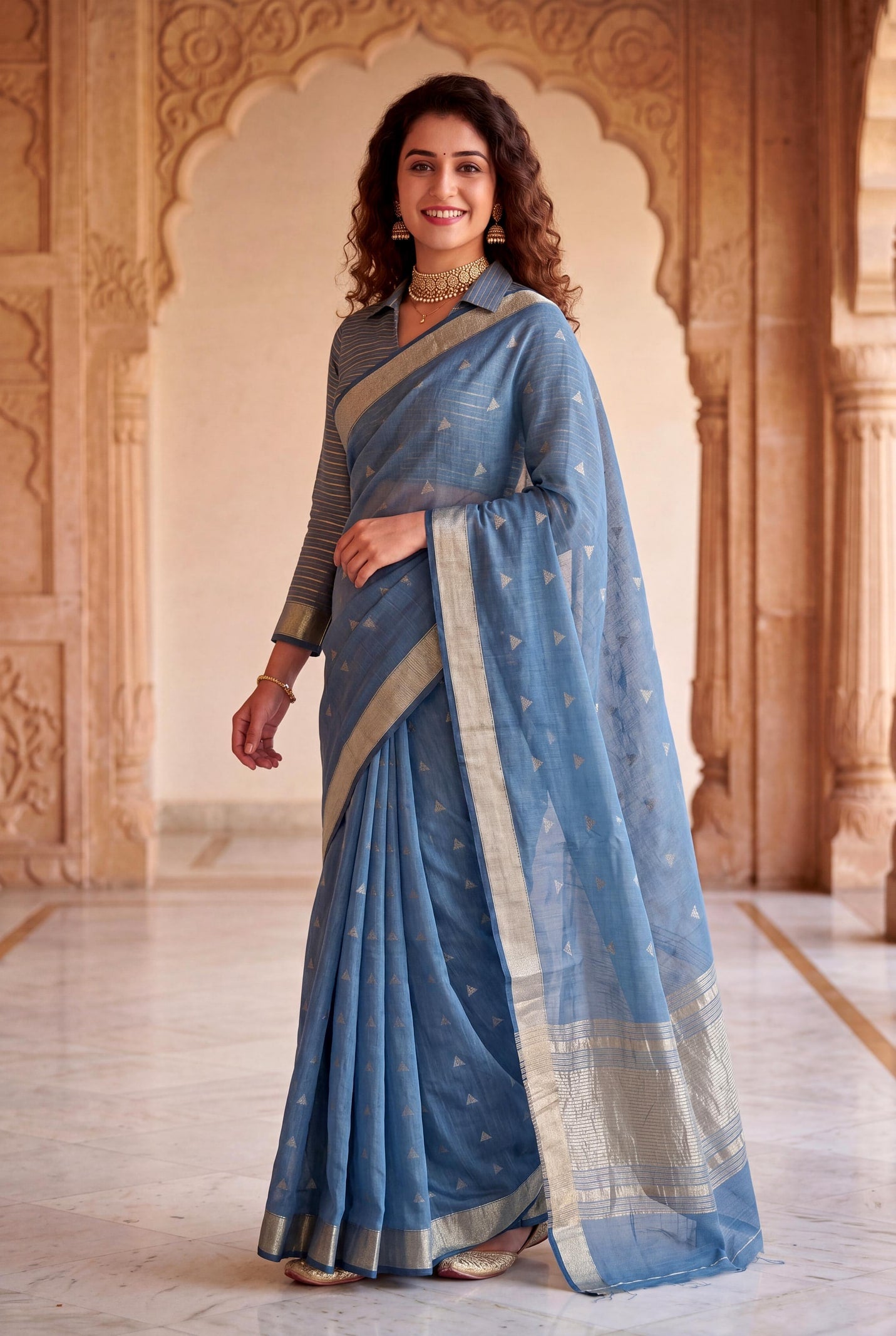 Peachmode Blue Linen Cotton Silk Zari Saree - Image 3