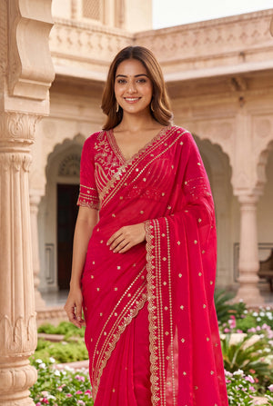 Peachmode Pink Space Silk Saree with Sequins Embroidery - Image 1