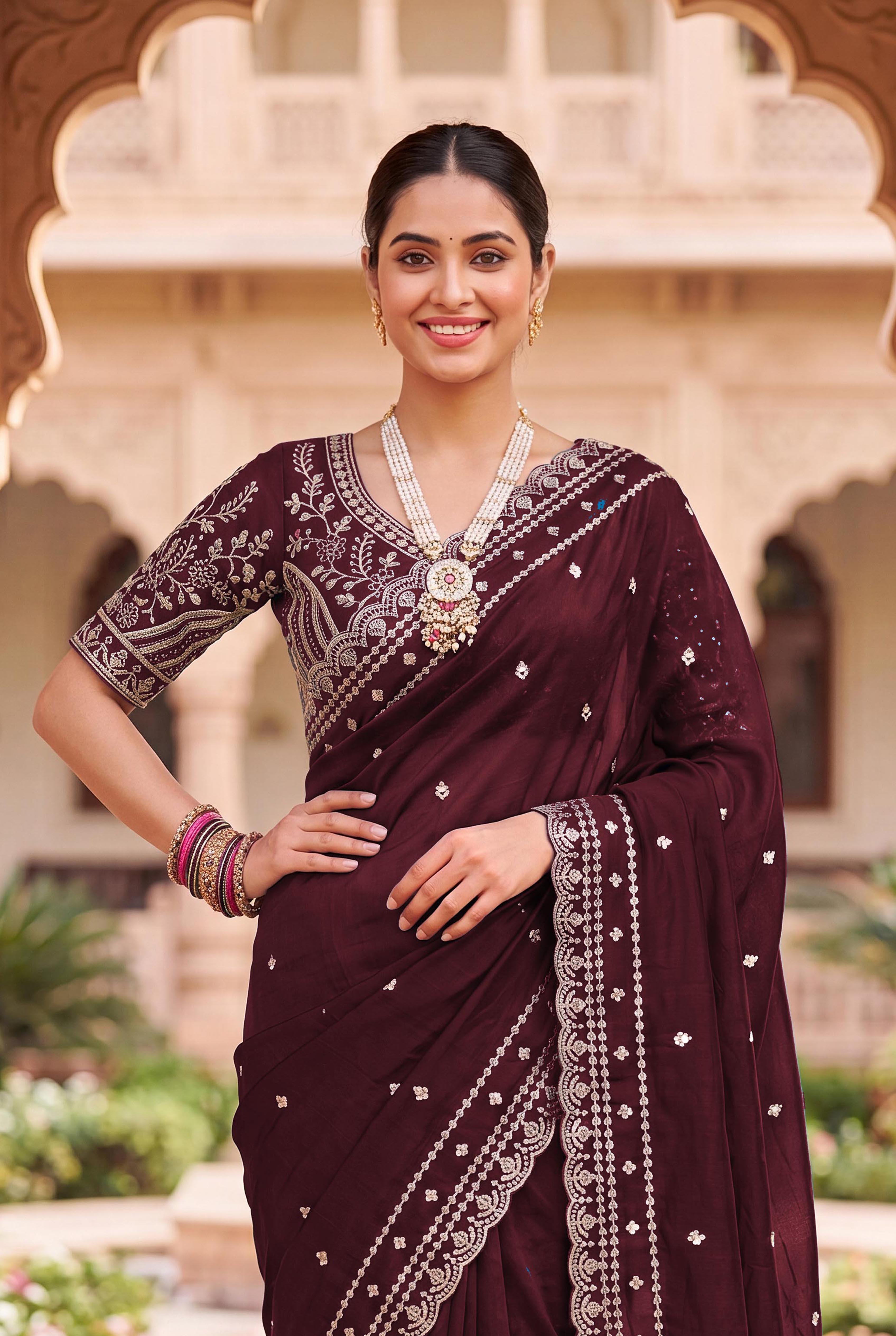 Peachmode Maroon Space Silk Saree with Sequins Embroidery - Image 6