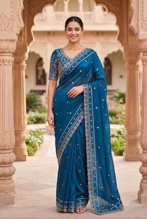 Peachmode Teal Space Silk Saree with Sequins Embroidery - Image 1