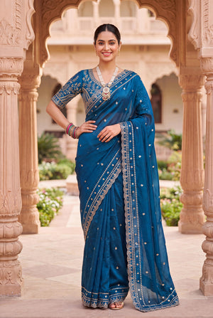 Peachmode Teal Space Silk Saree with Sequins Embroidery - Image 2