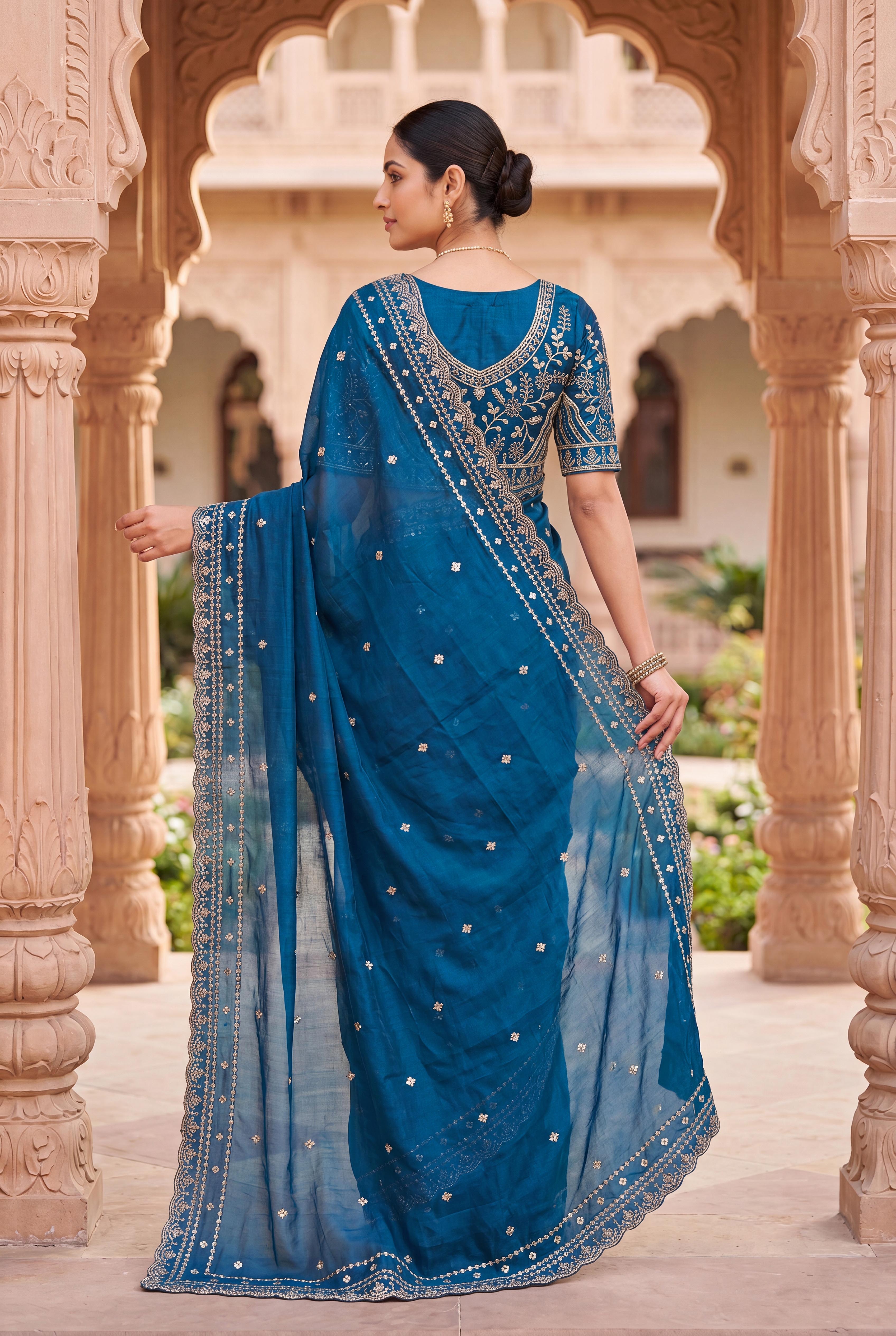 Peachmode Teal Space Silk Saree with Sequins Embroidery - Image 3