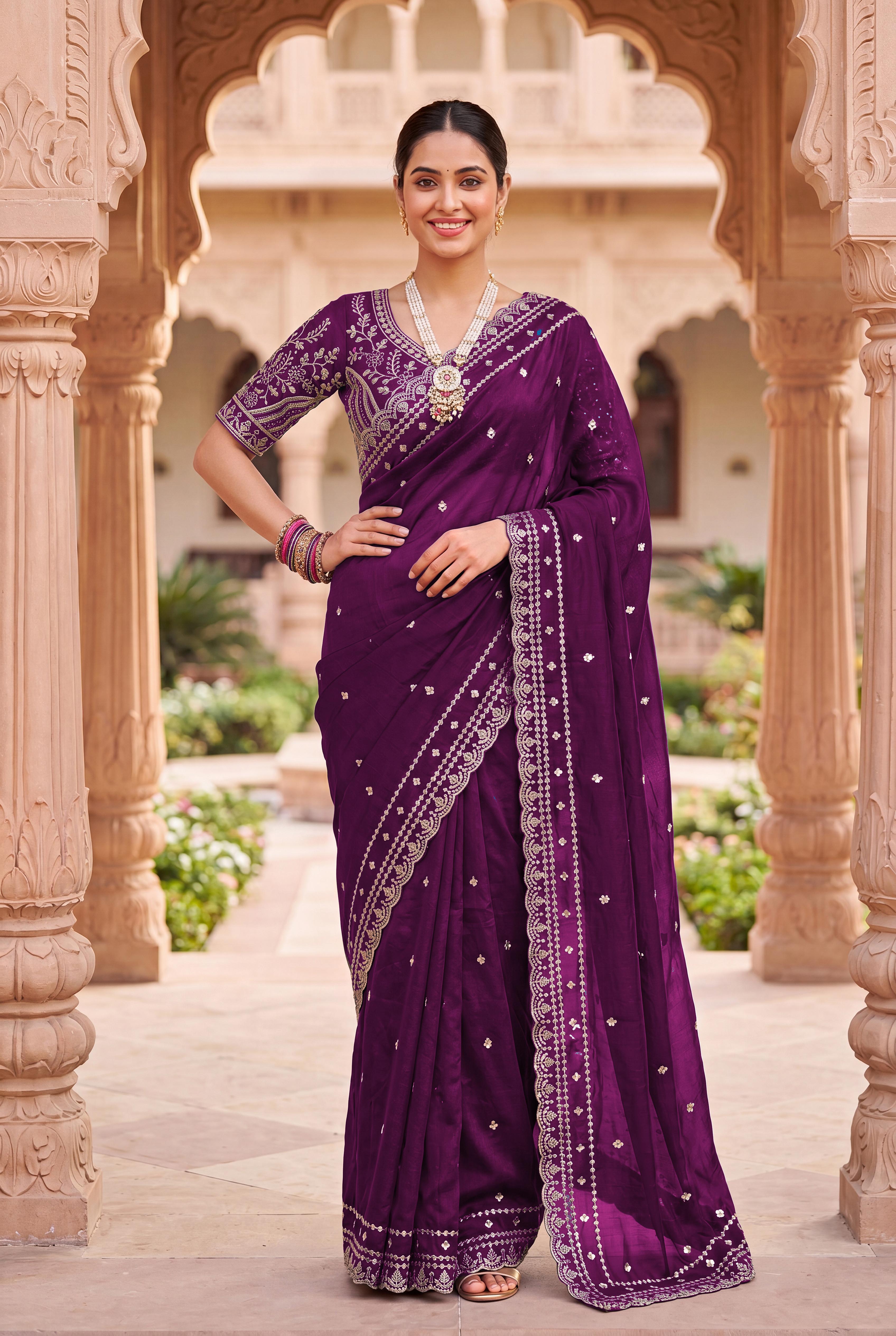 Peachmode Purple Space Silk Saree with Sequins Embroidery - Image 1
