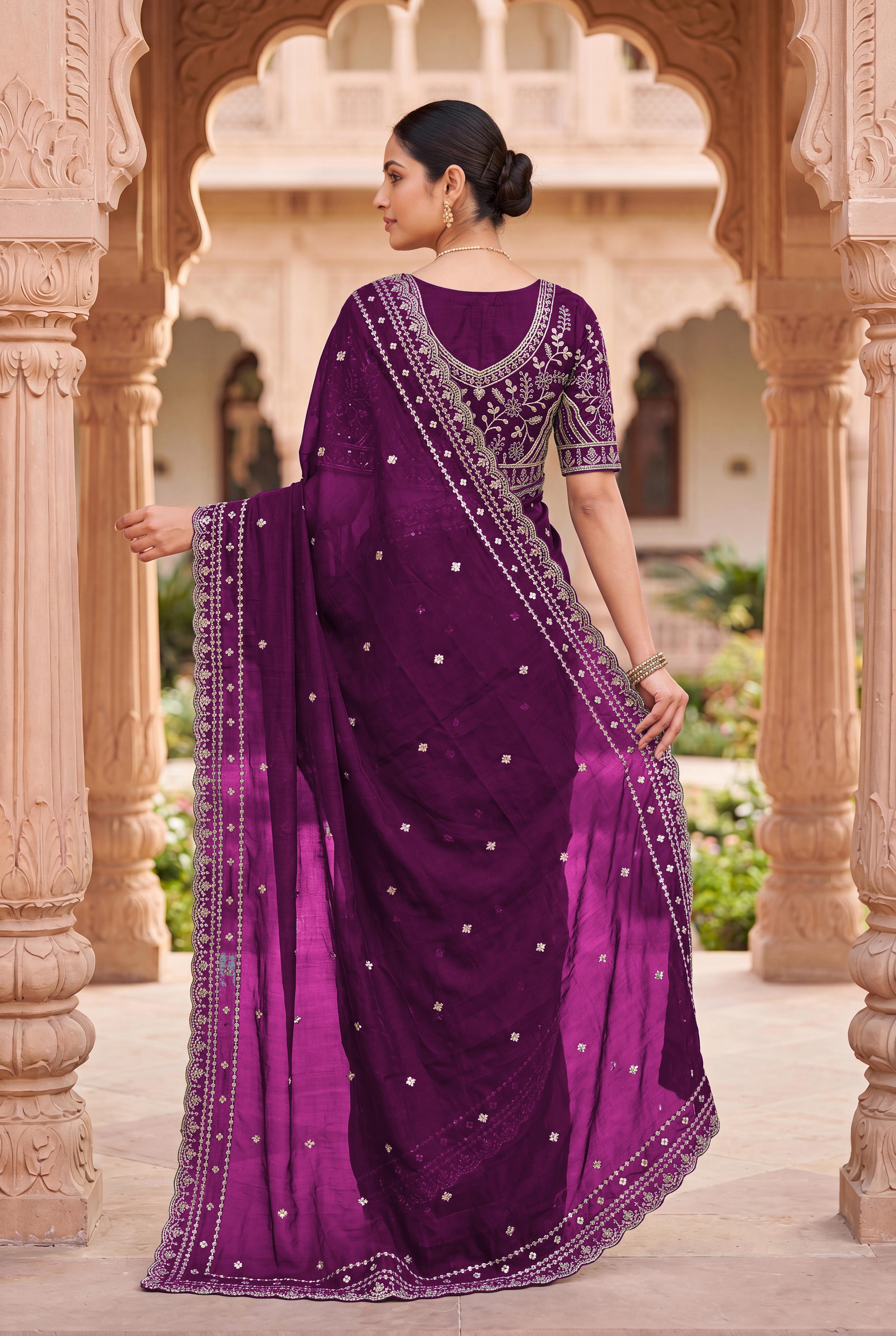 Peachmode Purple Space Silk Saree with Sequins Embroidery - Image 5