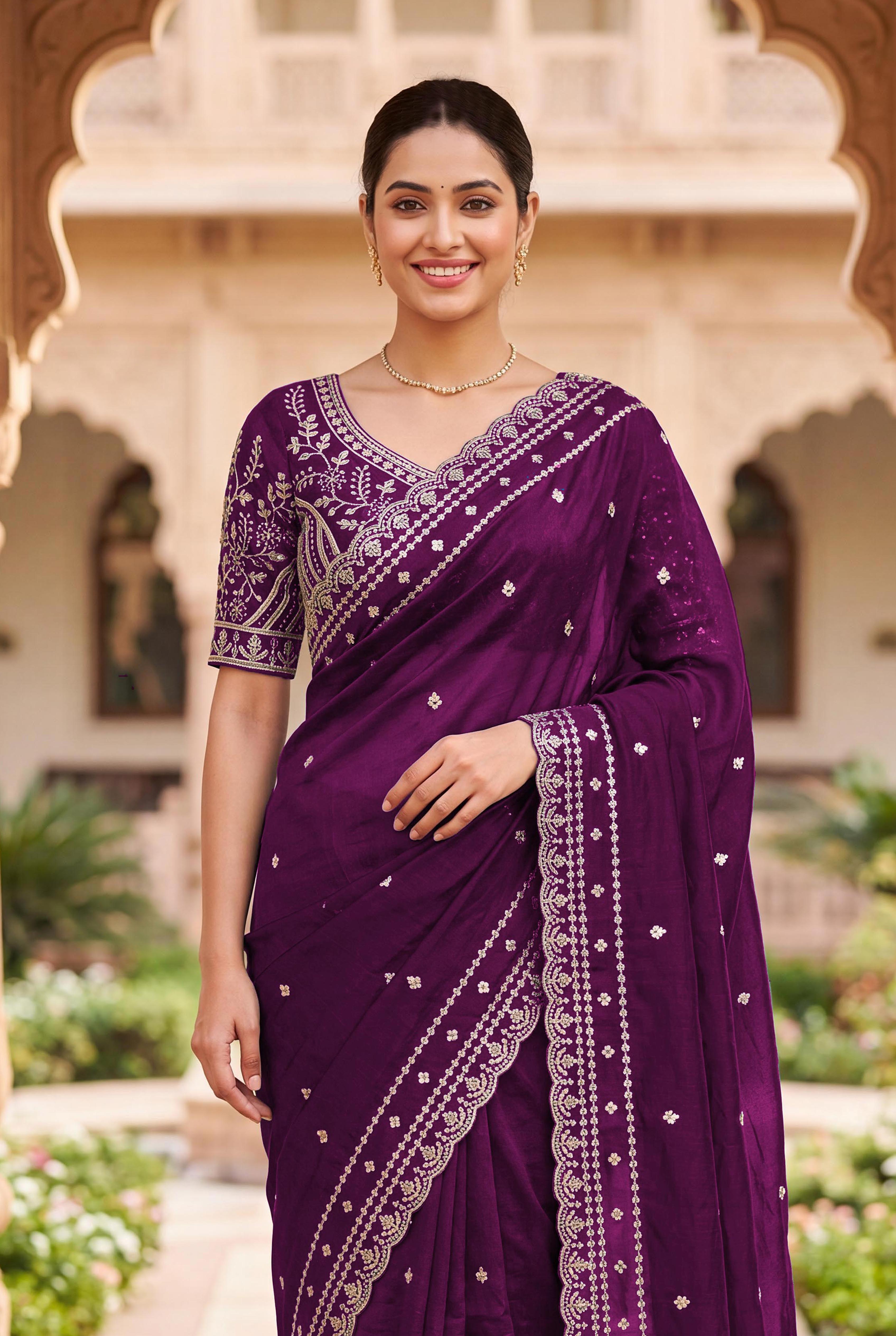 Peachmode Purple Space Silk Saree with Sequins Embroidery - Image 7