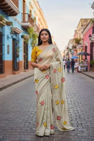 Peachmode Cream Embroidered Silk Blend Saree - Image 1