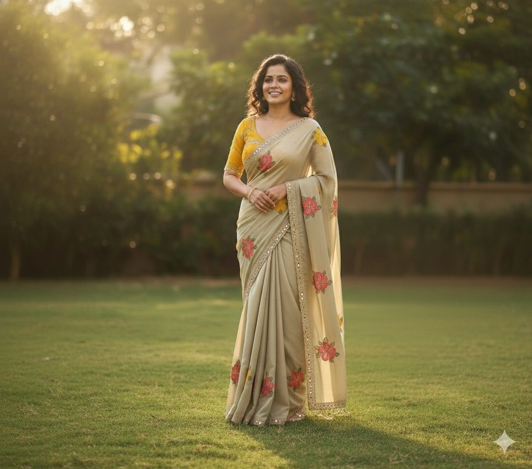 Peachmode Cream Embroidered Silk Blend Saree - Image 5