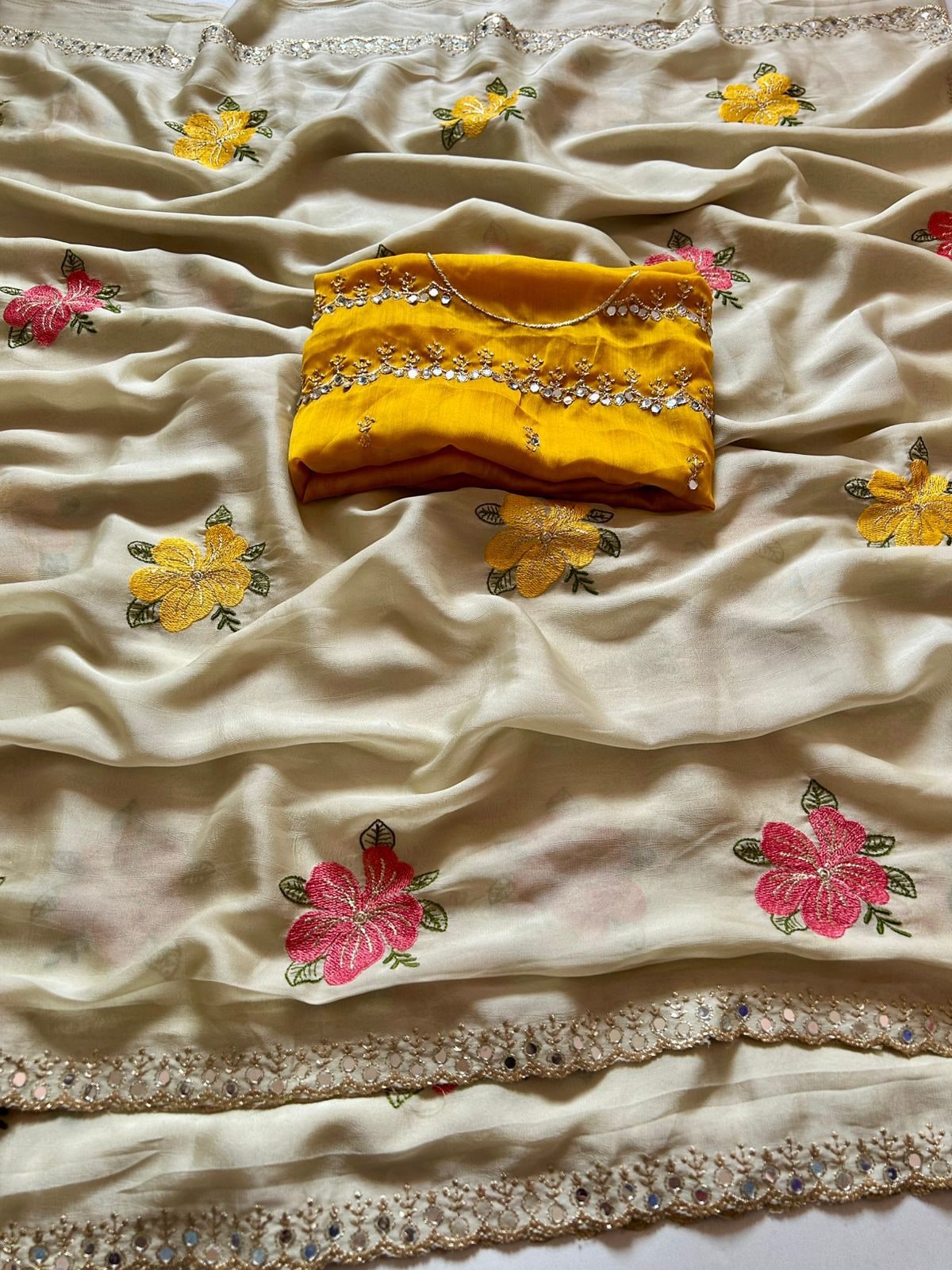 Peachmode Cream Embroidered Silk Blend Saree - Image 8