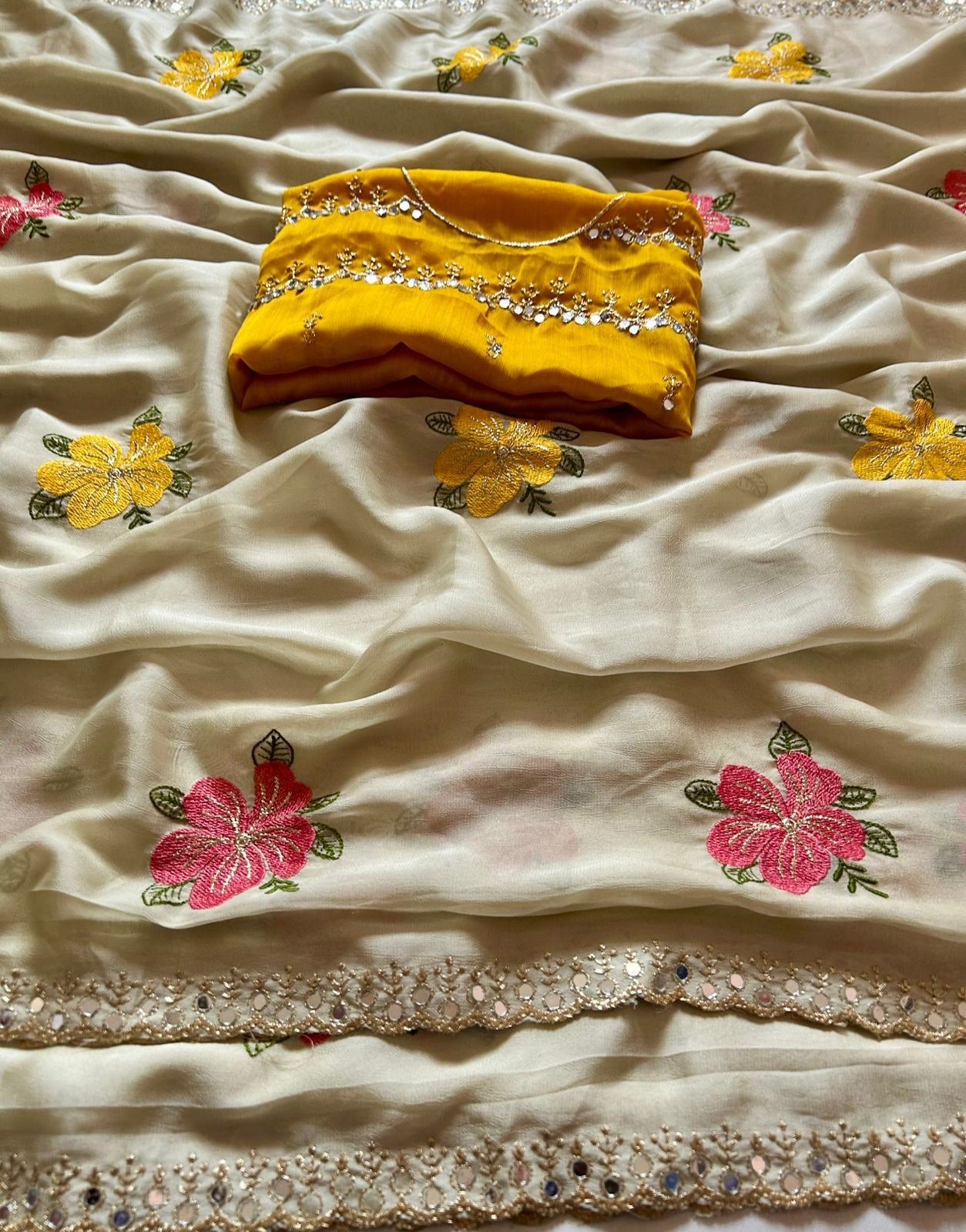 Peachmode Cream Embroidered Silk Blend Saree - Image 9