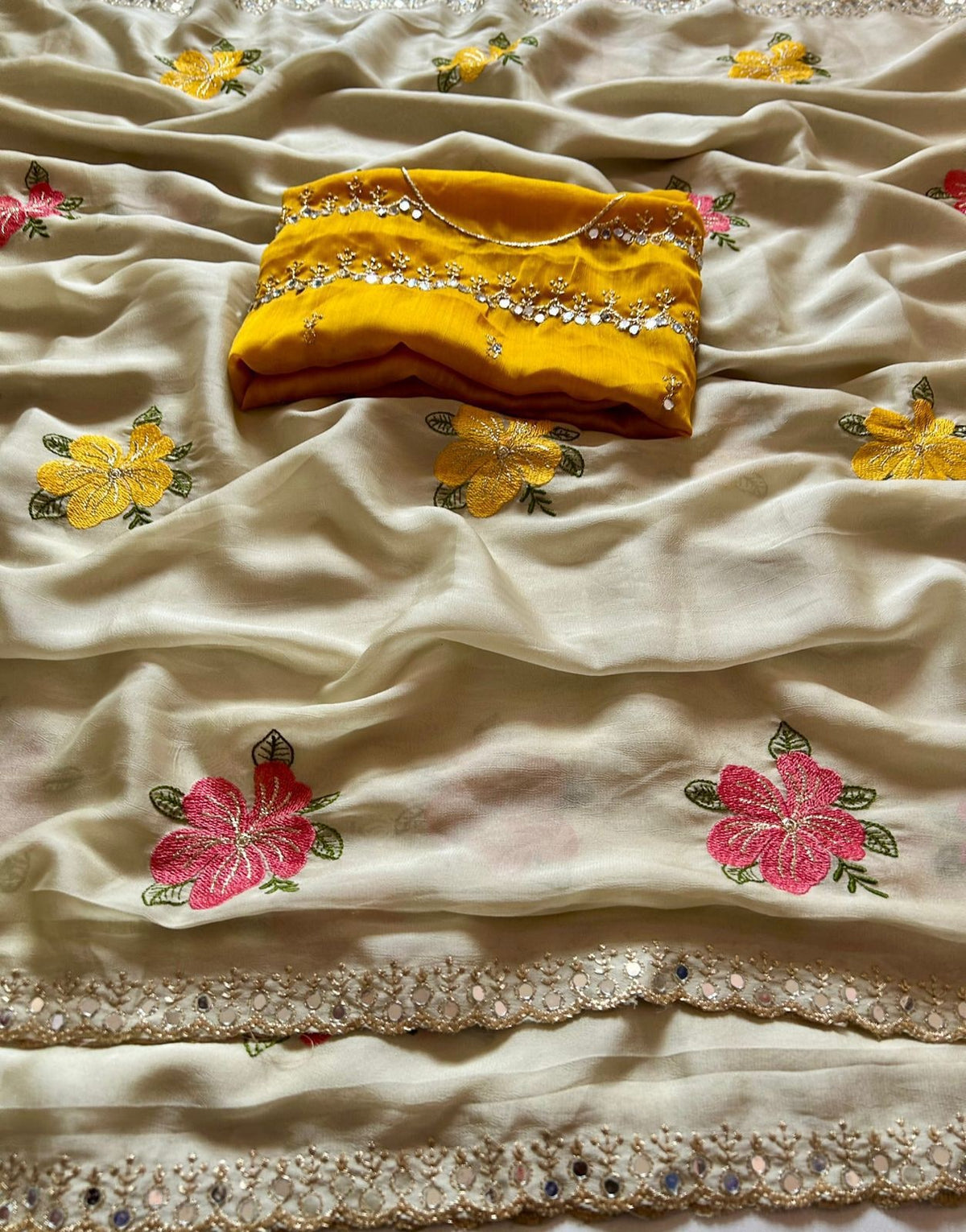 Peachmode Cream Embroidered Silk Blend Saree - Image 8