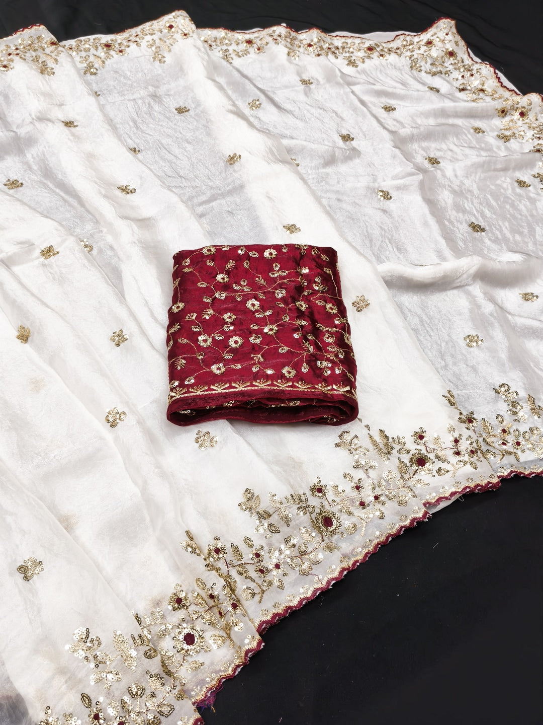 Peachmode White Fendi Satin Embroidered Saree - Image 2