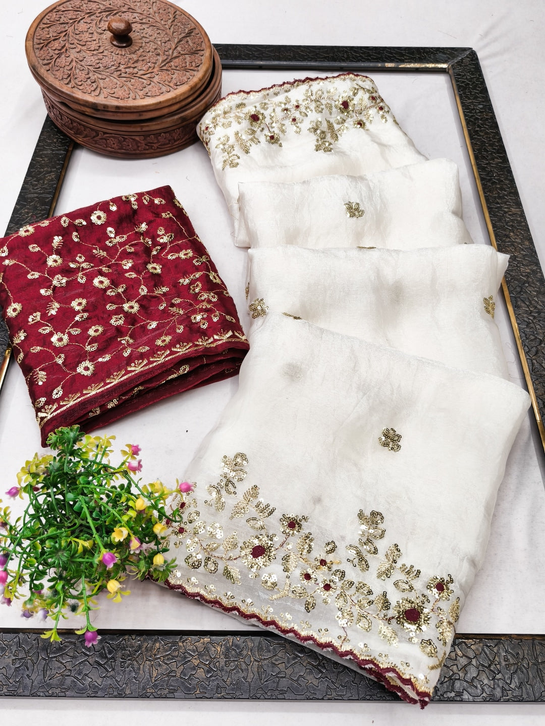 Peachmode White Fendi Satin Embroidered Saree - Image 3