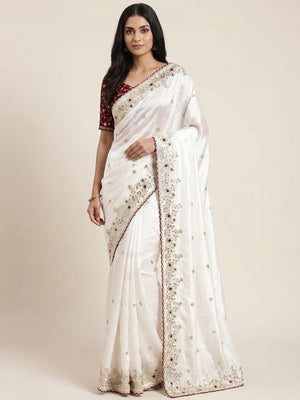 Peachmode White Fendi Satin Embroidered Saree - Image 1