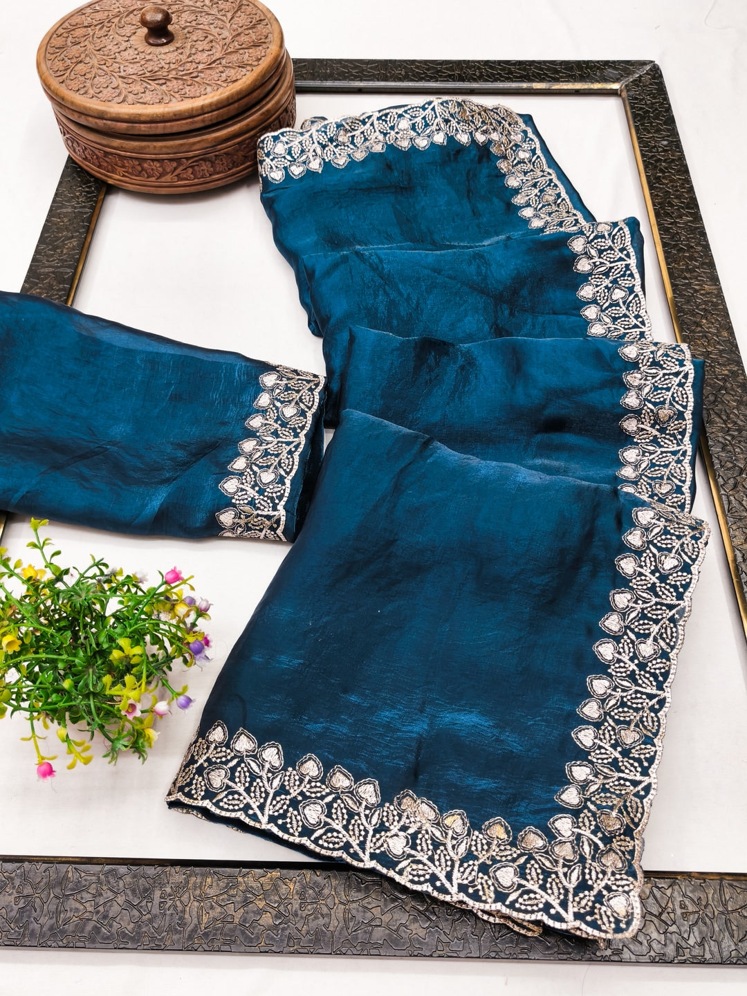 Peachmode Teal Fendi Satin Embroidered Saree - Image 3