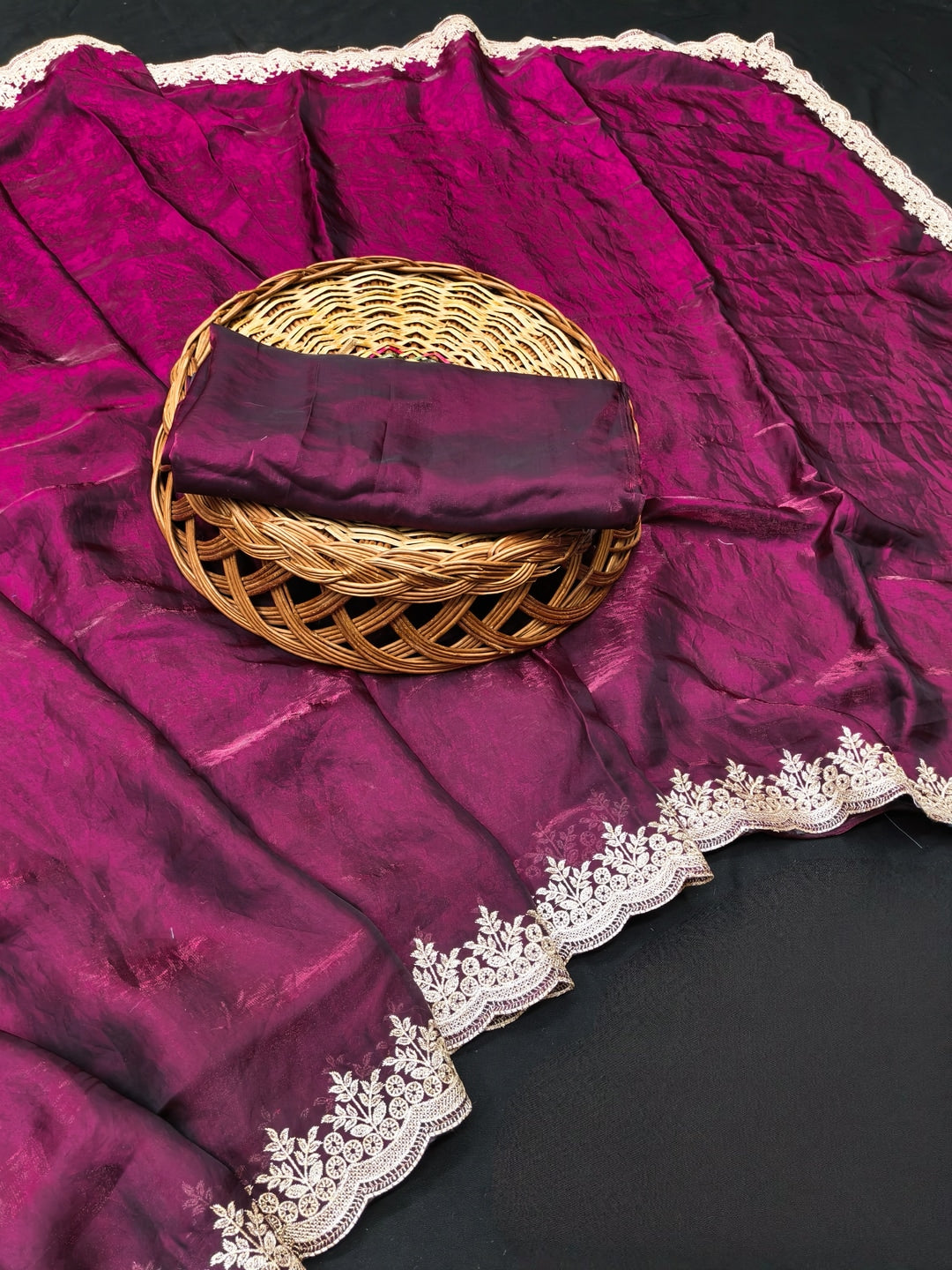 Peachmode Wine Fendi Satin Embroidered Saree - Image 2