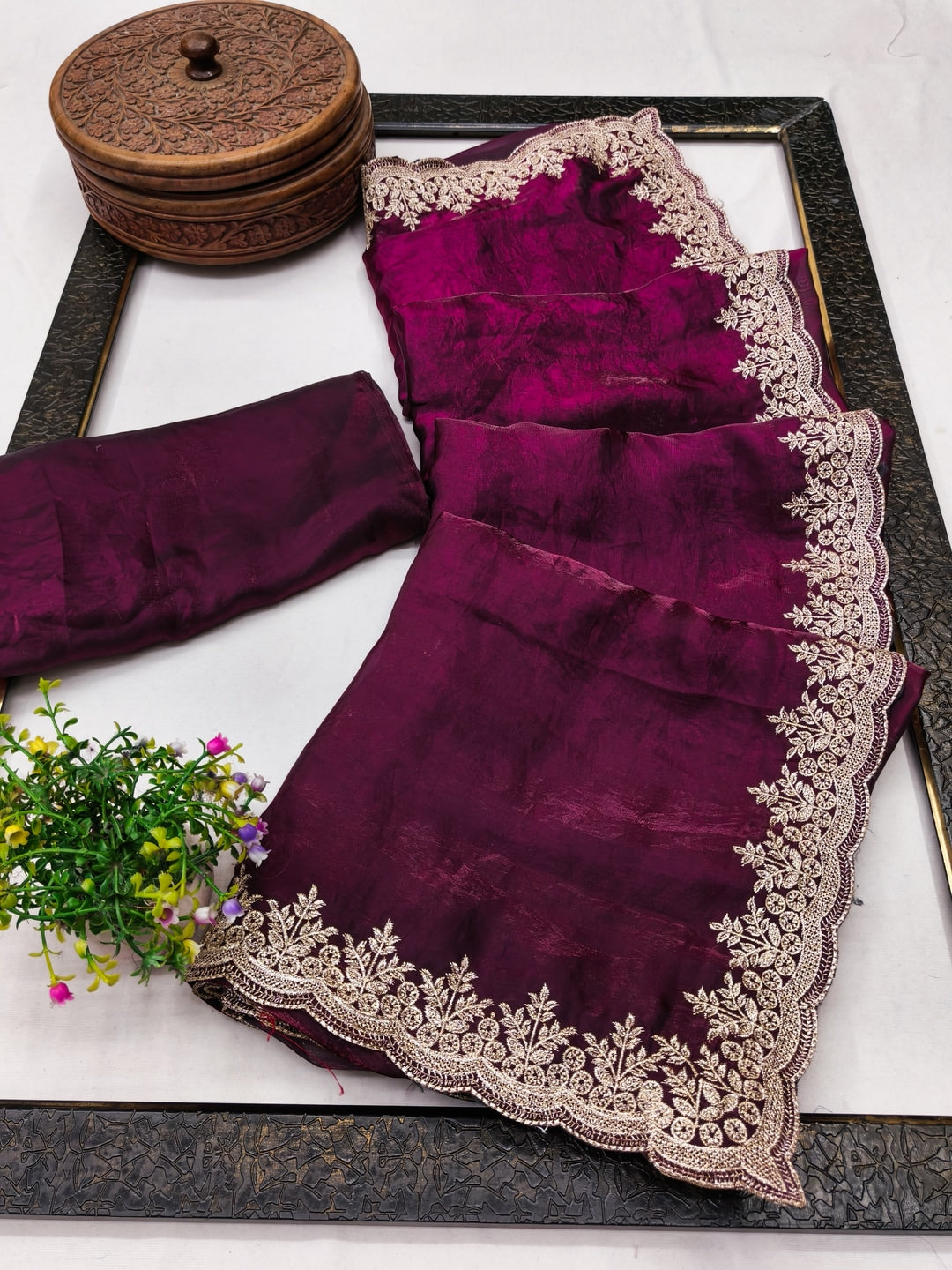 Peachmode Wine Fendi Satin Embroidered Saree - Image 3