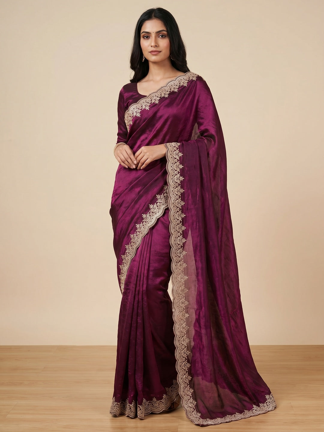 Peachmode Wine Fendi Satin Embroidered Saree - Image 1