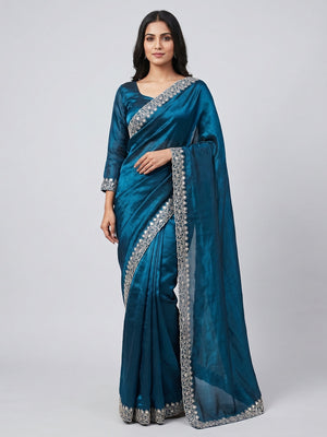 Peachmode Teal Fendi Satin Embroidered Saree - Image 1