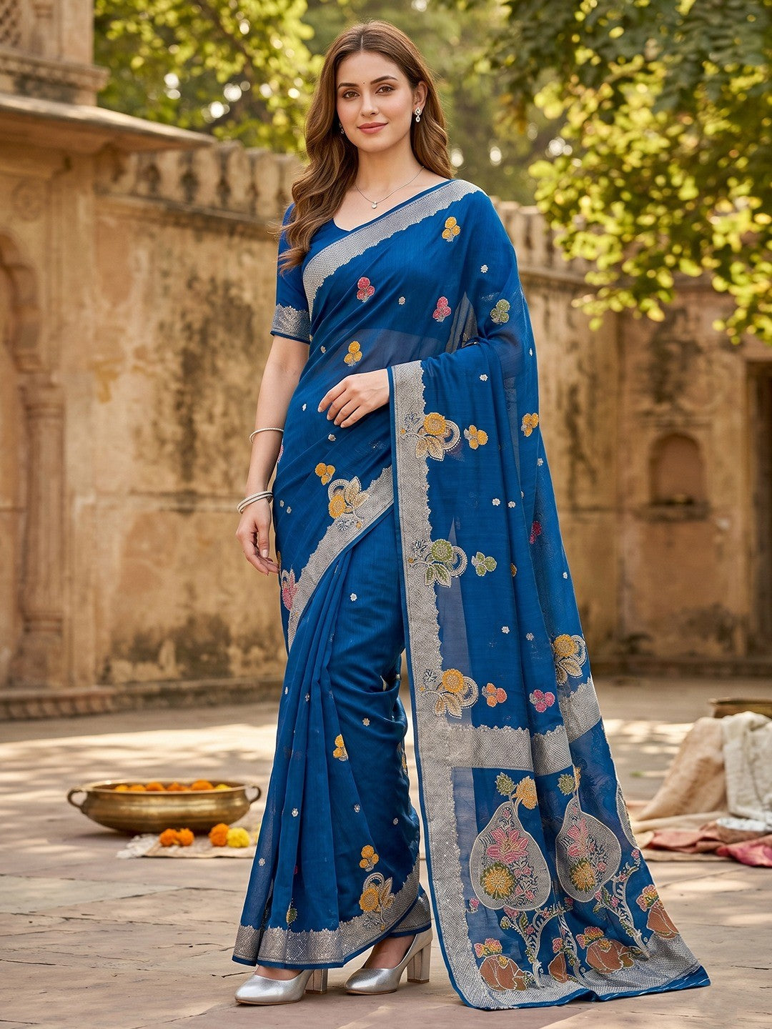 Peachmode Blue Organza Saree with Mina Weaving Work - Image 2