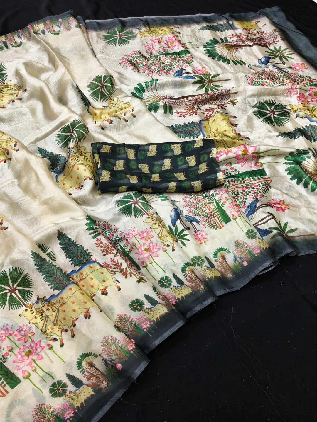 Peachmode Cream Fendi Printed Satin Saree - Image 2