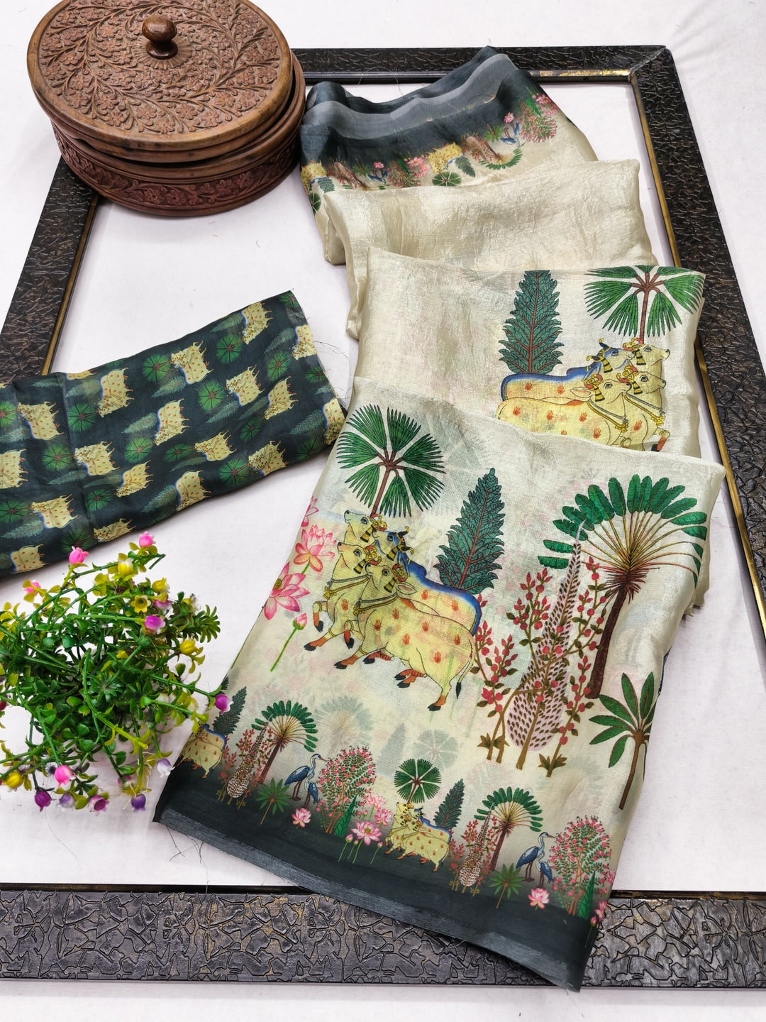 Peachmode Cream Fendi Printed Satin Saree - Image 3