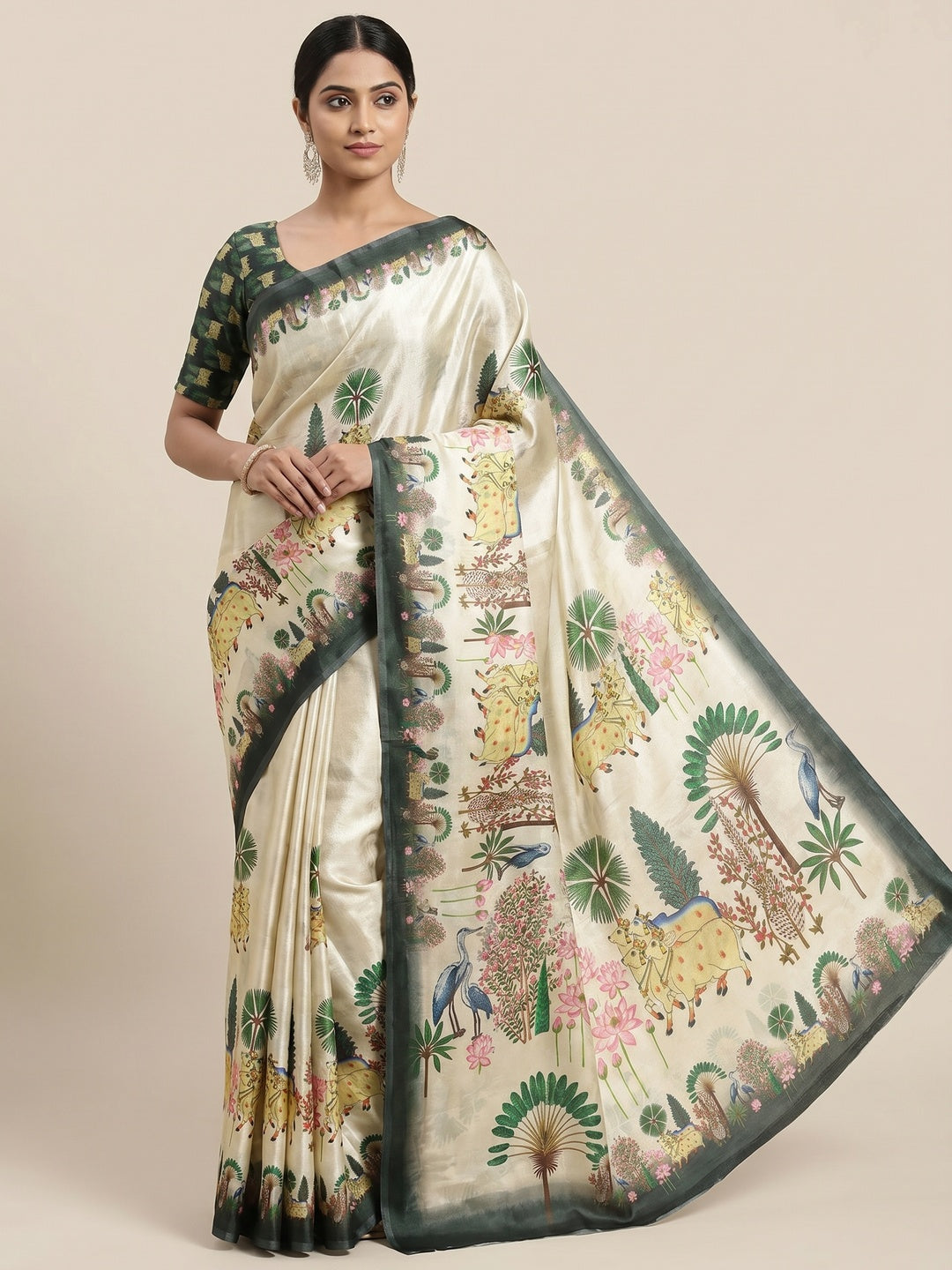 Peachmode Cream Fendi Printed Satin Saree - Image 1