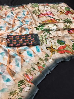 Peachmode Peach Fendi Printed Satin Saree - Image 2