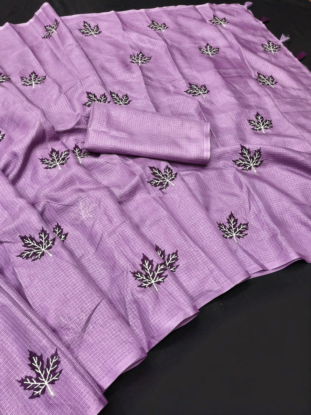 Peachmode Lavender Kota Doria Embroidered Saree - Image 2