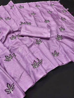 Peachmode Lavender Kota Doria Embroidered Saree - Image 2