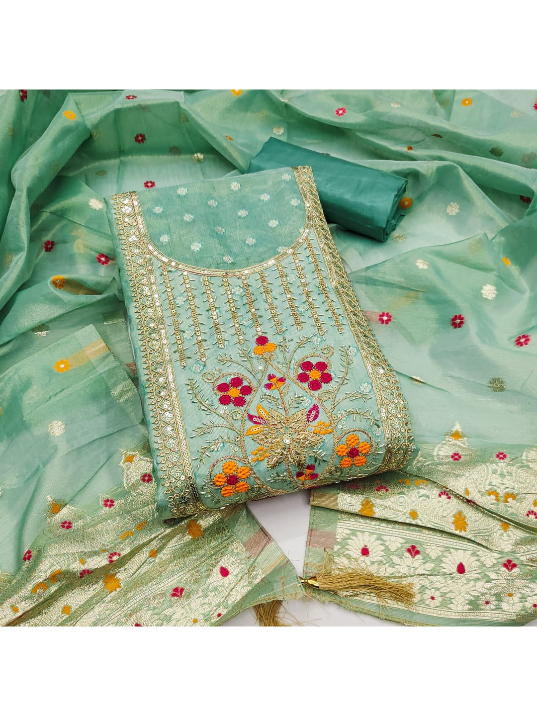 Peachmode Sea Green Jacquard Dress Material with Ethnic Motifs - Image 1